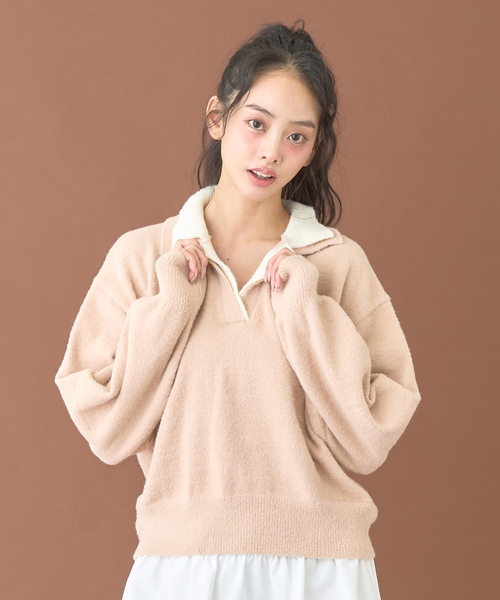 Mi-je(ミジェ)の「ダブルカラーニットプルオーバー【韓国ファッション】(ニット/セーター・レディース・ピンク/ライトブルー・F)」の10枚目の写真