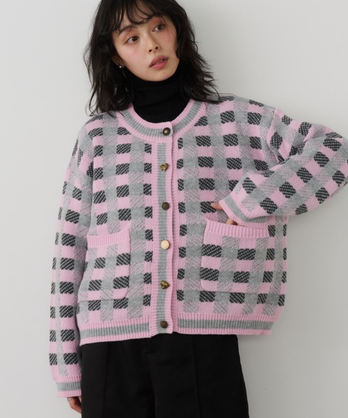 Unitage（ユニテージ）の「チェックニットカーディガン（カーディガン/ボレロ・レディース・ダークグリーン/ピンク/オレンジ・FREE）」の2枚目の写真