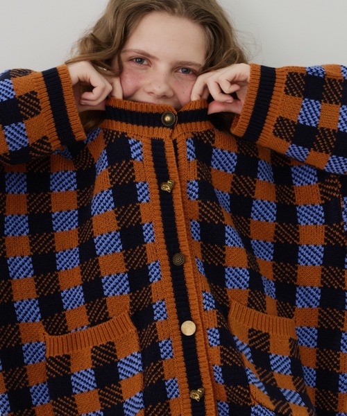 Unitage（ユニテージ）の「チェックニットカーディガン（カーディガン/ボレロ・レディース・ダークグリーン/ピンク/オレンジ・FREE）」の3枚目の写真