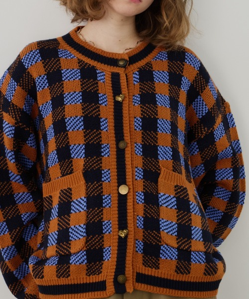 Unitage（ユニテージ）の「チェックニットカーディガン（カーディガン/ボレロ・レディース・ダークグリーン/ピンク/オレンジ・FREE）」の16枚目の写真