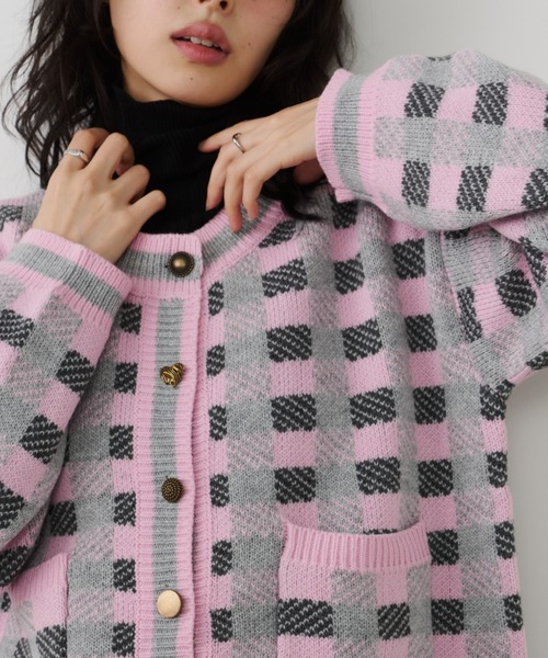 Unitage（ユニテージ）の「チェックニットカーディガン（カーディガン/ボレロ・レディース・ダークグリーン/ピンク/オレンジ・FREE）」の8枚目の写真