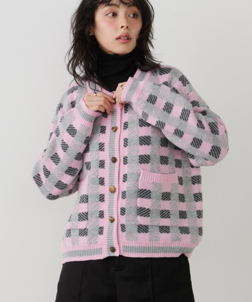 Unitage（ユニテージ）の「チェックニットカーディガン（カーディガン/ボレロ・レディース・ダークグリーン/ピンク/オレンジ・FREE）」の6枚目の写真