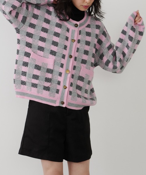 Unitage（ユニテージ）の「チェックニットカーディガン（カーディガン/ボレロ・レディース・ダークグリーン/ピンク/オレンジ・FREE）」の7枚目の写真