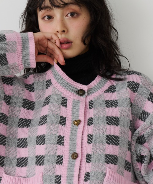 Unitage（ユニテージ）の「チェックニットカーディガン（カーディガン/ボレロ・レディース・ダークグリーン/ピンク/オレンジ・FREE）」の9枚目の写真