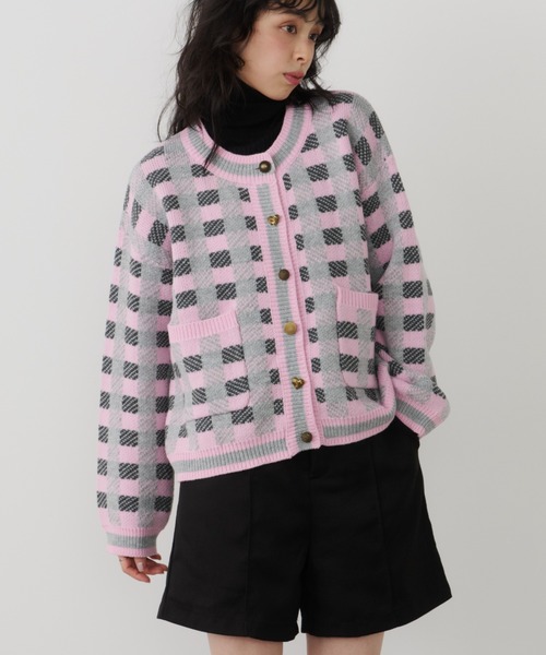 Unitage（ユニテージ）の「チェックニットカーディガン（カーディガン/ボレロ・レディース・ダークグリーン/ピンク/オレンジ・FREE）」の4枚目の写真