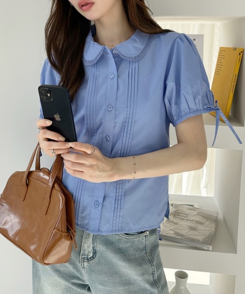 Ada.(エイダ)の「丸襟 ピンタックデザイン パフスリーブブラウス(シャツ/ブラウス・レディース・ブルー/ホワイト/ピンク/イエロー・FREE)」の10枚目の写真