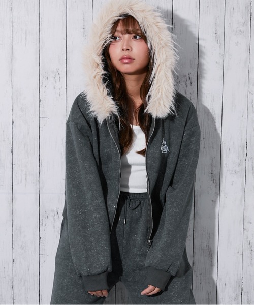 セール】《フードファー×ラメ》裏起毛 ジップパーカー バック