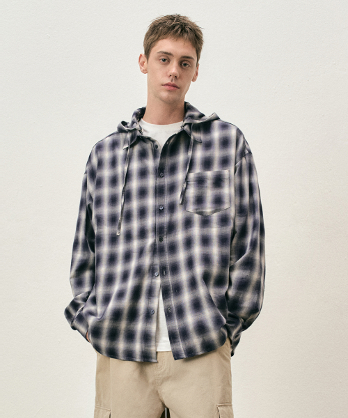 COSTUME O’CLOCK（コスチュームオクロック）の「[フード脱着] チェックフードロングスリーブシャツ 2 COLOR COOSSH194（シャツ/ブラウス・レディース・ベージュ/ネイビー・SMALL/MEDIUM/LARGE）」の3枚目の写真