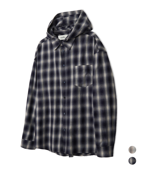 COSTUME O’CLOCK（コスチュームオクロック）の「[フード脱着] チェックフードロングスリーブシャツ 2 COLOR COOSSH194（シャツ/ブラウス・レディース・ベージュ/ネイビー・SMALL/MEDIUM/LARGE）」の5枚目の写真