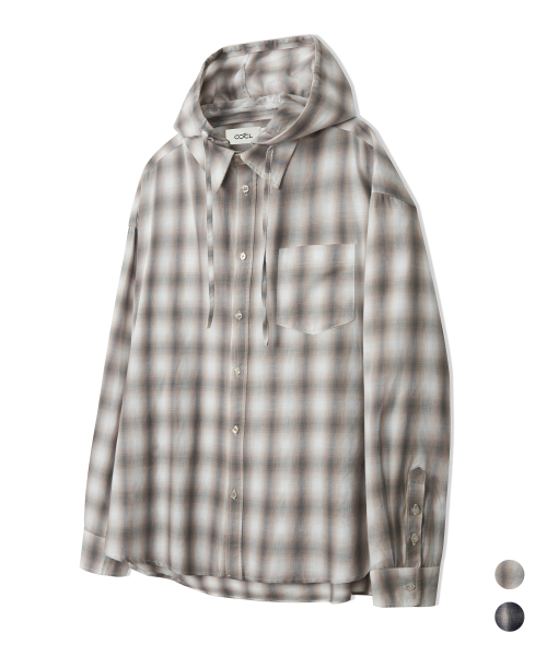 COSTUME O’CLOCK（コスチュームオクロック）の「[フード脱着] チェックフードロングスリーブシャツ 2 COLOR COOSSH194（シャツ/ブラウス・レディース・ベージュ/ネイビー・SMALL/MEDIUM/LARGE）」の6枚目の写真