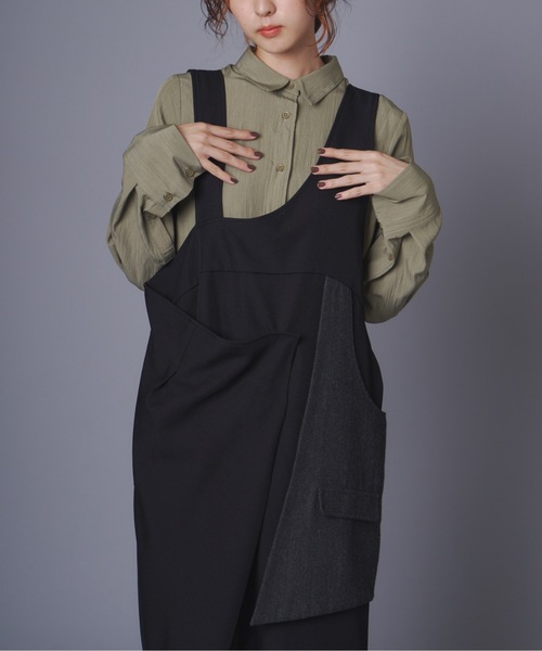 terrace(テラス)の「アシメトリーラップデザインジャンスカワンピース(ワンピース・レディース・ブラック/ブラウン・MEDIUM)」の4枚目の写真