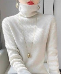 ※リブ タートルネック ニット ロングTシャツ