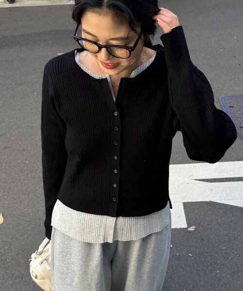 CIAOPANIC TYPY（チャオパニックティピー）の「【マイナス3kg見え】レイヤードライクマルチウェイ配色リブニットカーデ（カーディガン/ボレロ・レディース・サックスブルー/レッド/ブラック/グレー/ブラウン/イエロー・ONE SIZE）」の8枚目の写真