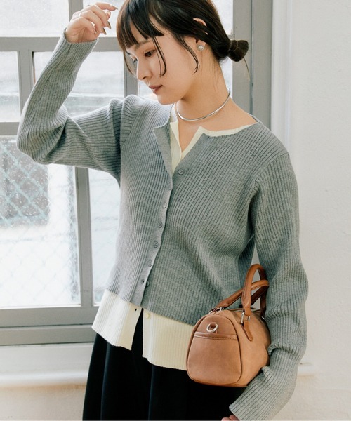 CIAOPANIC TYPY（チャオパニックティピー）の「【マイナス3kg見え】レイヤードライクマルチウェイ配色リブニットカーデ（カーディガン/ボレロ・レディース・サックスブルー/レッド/ブラック/グレー/ブラウン/イエロー・ONE SIZE）」の3枚目の写真