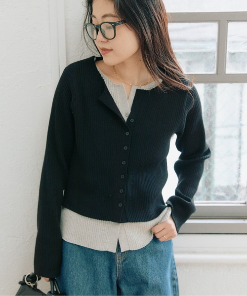 CIAOPANIC TYPY（チャオパニックティピー）の「【マイナス3kg見え】レイヤードライクマルチウェイ配色リブニットカーデ（カーディガン/ボレロ・レディース・サックスブルー/レッド/ブラック/グレー/ブラウン/イエロー・ONE SIZE）」の2枚目の写真