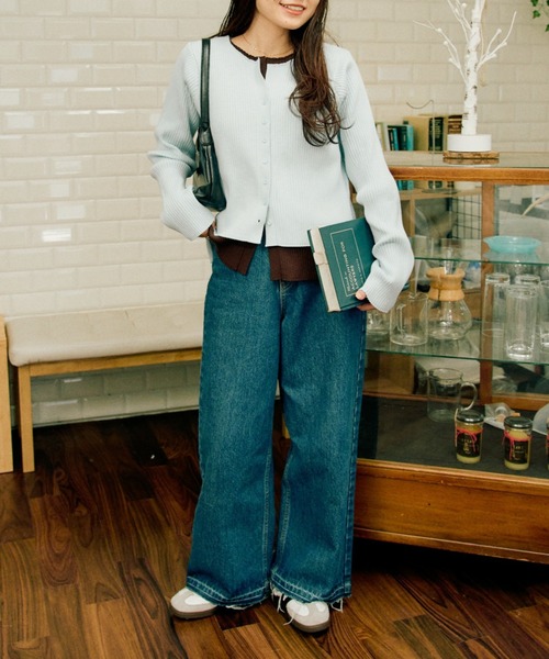 CIAOPANIC TYPY(チャオパニックティピー)の「【マイナス3kg見え】レイヤードライクマルチウェイ配色リブニットカーデ(カーディガン/ボレロ・レディース・サックスブルー/レッド/ブラック/グレー/ブラウン/イエロー・ONE SIZE)」の14枚目の写真