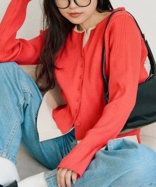 CIAOPANIC TYPY(チャオパニックティピー)の「【マイナス3kg見え】レイヤードライクマルチウェイ配色リブニットカーデ(カーディガン/ボレロ・レディース・サックスブルー/レッド/ブラック/グレー/ブラウン/イエロー・ONE SIZE)」の16枚目の写真