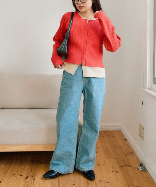 CIAOPANIC TYPY(チャオパニックティピー)の「【マイナス3kg見え】レイヤードライクマルチウェイ配色リブニットカーデ(カーディガン/ボレロ・レディース・サックスブルー/レッド/ブラック/グレー/ブラウン/イエロー・ONE SIZE)」の17枚目の写真