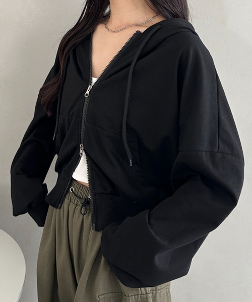 CLEA（クレア）の「ダブルジップショートパーカー（パーカー・レディース・ネイビー/ピンク/ライトグレー/チャコールグレー/グレー/ブラック・FREE）」の2枚目の写真