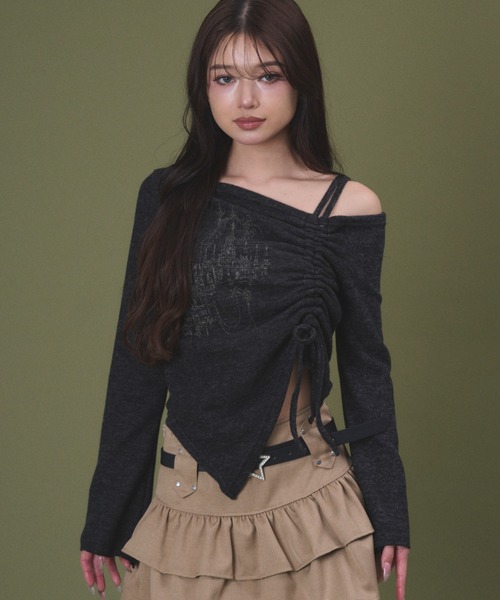 dispark(ディスパーク)の「DISPARK/ドロストショルダーグラフィックトップ(Tシャツ/カットソー・レディース・チャコールグレー/ホワイト・FREE)」の2枚目の写真
