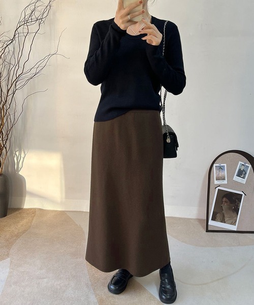DAY CLOSET(デイ クローゼット)の「【裏起毛/ロング丈/バックスリット入り/全周ゴム】あったかふわふわ ニット×シャギー 異素材MIX ナロー ニット スカート レディース(スカート・レディース・ダークブラウン/ブラック・FREE)」の10枚目の写真