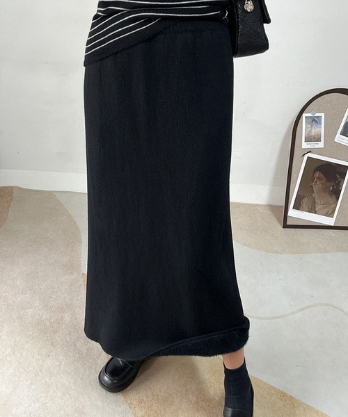 DAY CLOSET(デイ クローゼット)の「【裏起毛/ロング丈/バックスリット入り/全周ゴム】あったかふわふわ ニット×シャギー 異素材MIX ナロー ニット スカート レディース(スカート・レディース・ダークブラウン/ブラック・FREE)」の5枚目の写真