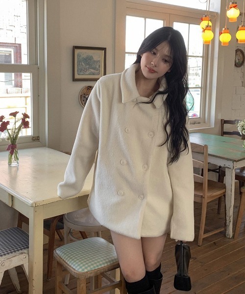 Aelina（エリナ）の「ミドル丈ダブルブレストメルトンコート（ピーコート・レディース・アイボリー・FREE）」の9枚目の写真