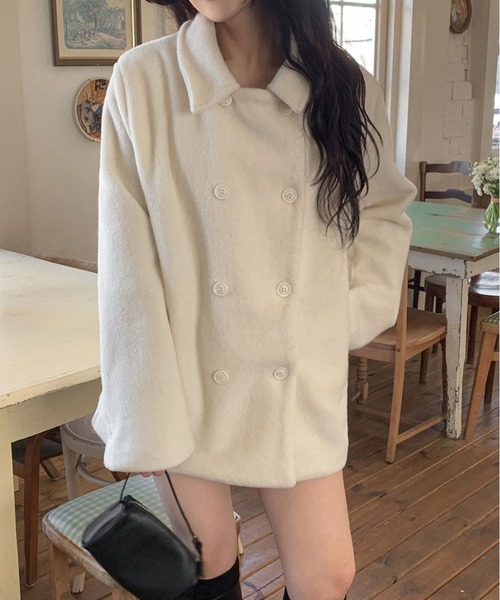 Aelina（エリナ）の「ミドル丈ダブルブレストメルトンコート（ピーコート・レディース・アイボリー・FREE）」の10枚目の写真