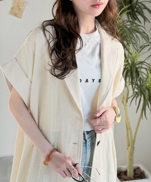 classicalelf(クラシカルエルフ)の「軽やかに羽織れて大人カジュアル映え。パナマ風チェック半袖ジャケット(テーラードジャケット・レディース・アイボリー/ブラック/ネイビー/ベージュ・LARGE/X-LARGE/SMALL/MEDIUM)」の7枚目の写真