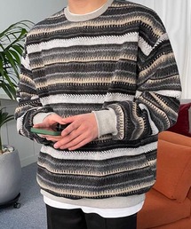 NOWLE | 【NOWLE】ウォーム起毛 総柄ボーダー クルーネック スウェット(スウェット)