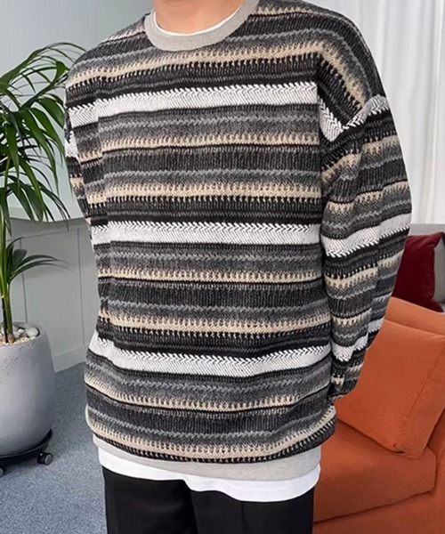 NOWLE（ノウル）の「【NOWLE】ウォーム起毛 総柄ボーダー クルーネック スウェット（スウェット・メンズ・ブラック系・LARGE/MEDIUM/X-LARGE）」の2枚目の写真