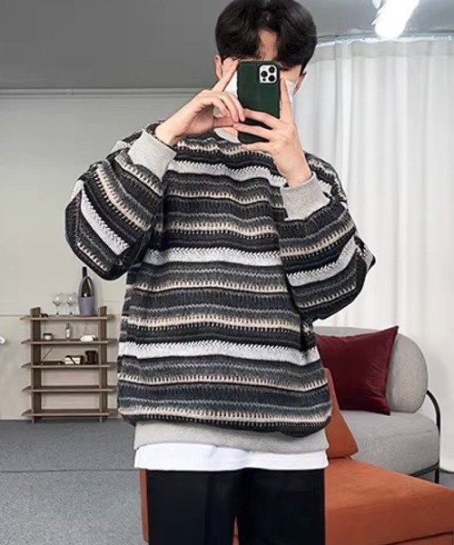 NOWLE（ノウル）の「【NOWLE】ウォーム起毛 総柄ボーダー クルーネック スウェット（スウェット・メンズ・ブラック系・LARGE/MEDIUM/X-LARGE）」の3枚目の写真