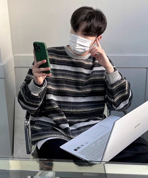 NOWLE（ノウル）の「【NOWLE】ウォーム起毛 総柄ボーダー クルーネック スウェット（スウェット・メンズ・ブラック系・LARGE/MEDIUM/X-LARGE）」の4枚目の写真