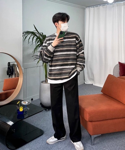 NOWLE（ノウル）の「【NOWLE】ウォーム起毛 総柄ボーダー クルーネック スウェット（スウェット・メンズ・ブラック系・LARGE/MEDIUM/X-LARGE）」の15枚目の写真