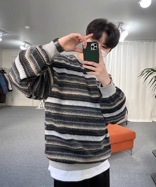 NOWLE（ノウル）の「【NOWLE】ウォーム起毛 総柄ボーダー クルーネック スウェット（スウェット・メンズ・ブラック系・LARGE/MEDIUM/X-LARGE）」の5枚目の写真