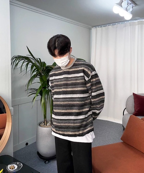 NOWLE（ノウル）の「【NOWLE】ウォーム起毛 総柄ボーダー クルーネック スウェット（スウェット・メンズ・ブラック系・LARGE/MEDIUM/X-LARGE）」の6枚目の写真