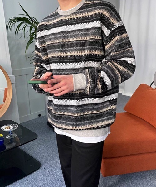 NOWLE（ノウル）の「【NOWLE】ウォーム起毛 総柄ボーダー クルーネック スウェット（スウェット・メンズ・ブラック系・LARGE/MEDIUM/X-LARGE）」の7枚目の写真