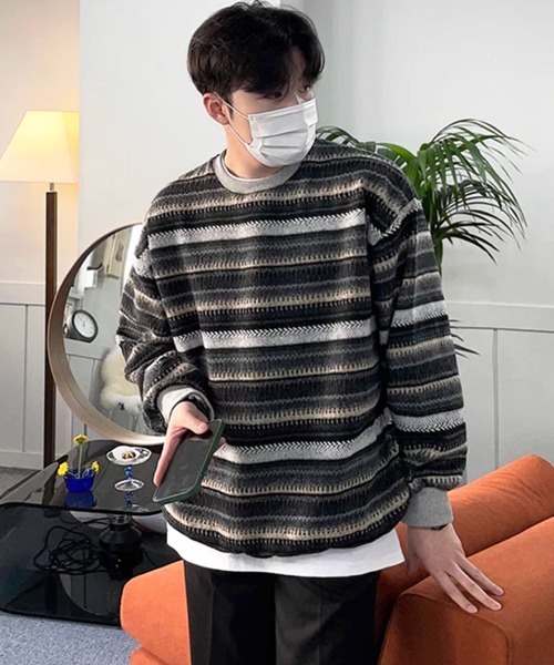 NOWLE（ノウル）の「【NOWLE】ウォーム起毛 総柄ボーダー クルーネック スウェット（スウェット・メンズ・ブラック系・LARGE/MEDIUM/X-LARGE）」の8枚目の写真