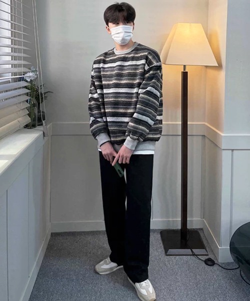 NOWLE（ノウル）の「【NOWLE】ウォーム起毛 総柄ボーダー クルーネック スウェット（スウェット・メンズ・ブラック系・LARGE/MEDIUM/X-LARGE）」の16枚目の写真