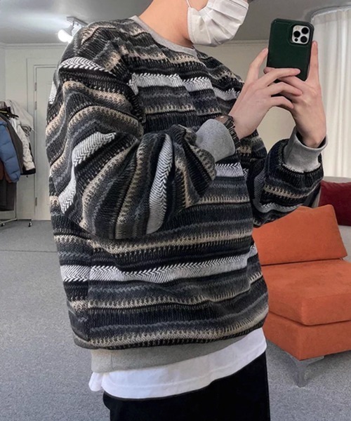 NOWLE（ノウル）の「【NOWLE】ウォーム起毛 総柄ボーダー クルーネック スウェット（スウェット・メンズ・ブラック系・LARGE/MEDIUM/X-LARGE）」の10枚目の写真