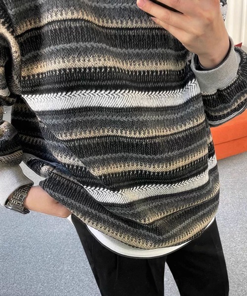 NOWLE（ノウル）の「【NOWLE】ウォーム起毛 総柄ボーダー クルーネック スウェット（スウェット・メンズ・ブラック系・LARGE/MEDIUM/X-LARGE）」の11枚目の写真