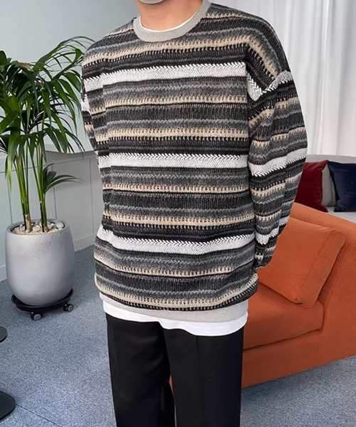 NOWLE（ノウル）の「【NOWLE】ウォーム起毛 総柄ボーダー クルーネック スウェット（スウェット・メンズ・ブラック系・LARGE/MEDIUM/X-LARGE）」の9枚目の写真