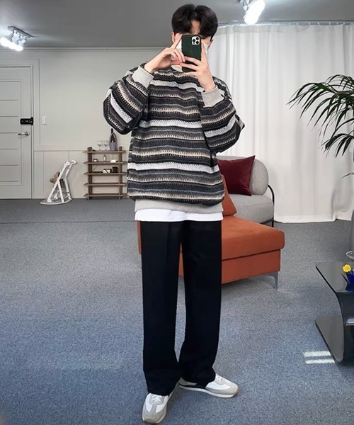 NOWLE（ノウル）の「【NOWLE】ウォーム起毛 総柄ボーダー クルーネック スウェット（スウェット・メンズ・ブラック系・LARGE/MEDIUM/X-LARGE）」の17枚目の写真