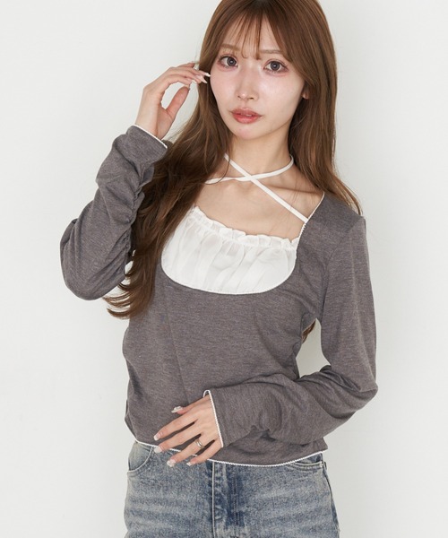 RAY CASSIN（レイカズン）の「シフォンドッキングロンT（Tシャツ/カットソー・レディース・グレー/ブラック/ホワイト/グレー系その他2・FREE）」の5枚目の写真