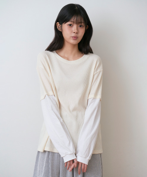 SAYUU(サユ)の「ピグメントワッフルレイヤードTシャツレモン(Tシャツ/カットソー・レディース・レモンイエロー・FREE)」の2枚目の写真