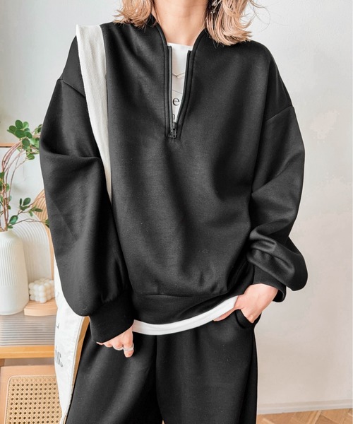 CURA CLOSET（キュラ クローゼット）の「【ema.217 select】ハーフジップ＆カーブパンツセットアップ（セットアップ・レディース・オフホワイト/ブラック/ブラウン/グレー・フリー/C）」の9枚目の写真