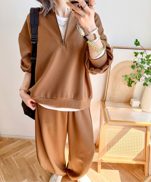 CURA CLOSET（キュラ クローゼット）の「【ema.217 select】ハーフジップ＆カーブパンツセットアップ（セットアップ・レディース・オフホワイト/ブラック/ブラウン/グレー・フリー/C）」の8枚目の写真