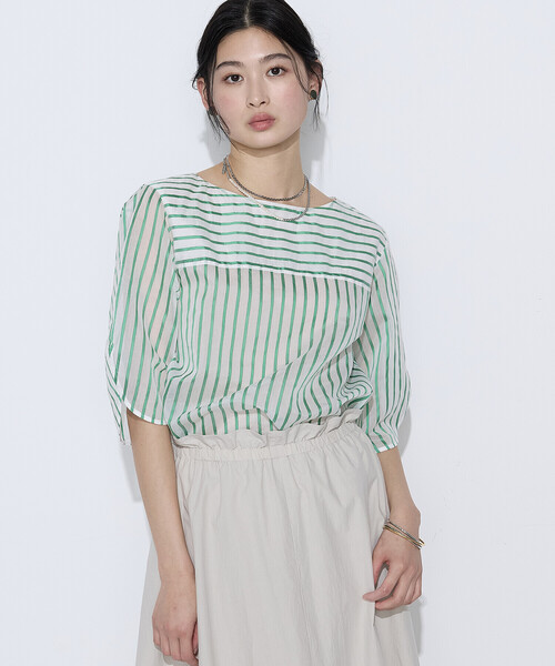 K.T KIYOKO TAKASE(キヨコタカセ)の「コットンシルク シアーストライププルオーバー(シャツ/ブラウス・レディース・ホワイト×ブルー/ホワイト×グリーン・9号/7号)」の1枚目の写真