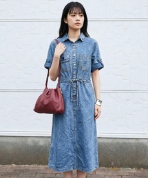 デニムワンピース|ケミカルウォッシュ5分袖ロングシャツワンピース大人カジュアル