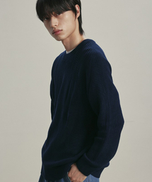 コットンワッフルラウンドニット NAVY